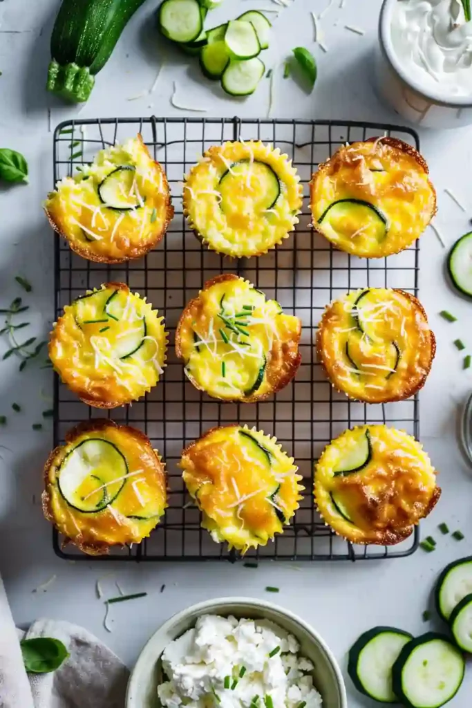 Viral Zucchini Cottage Cheese Egg Muffins 10 Zucchini egg muffins on a cooling rack with cottage cheese