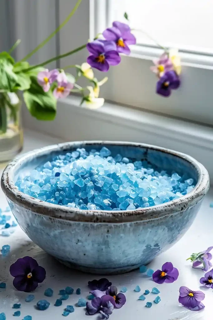 Blue Salt Trick for Men Reviews: Truth, Benefits & How to Do It 3 Blue salt crystals in a ceramic bowl by a window, decorated with violet flowers.