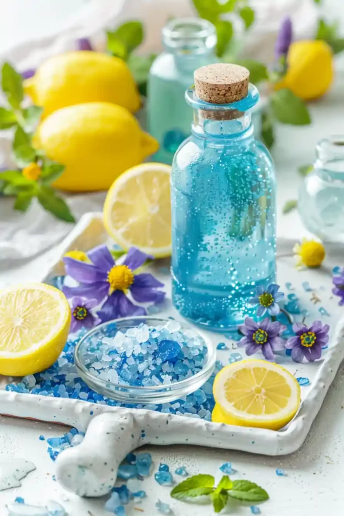 Blue Salt Trick Recipe: Natural Hydration, Energy & Focus Boost 10 Blue salt trick recipe in glass bottle surrounded by lemons and salt crystals