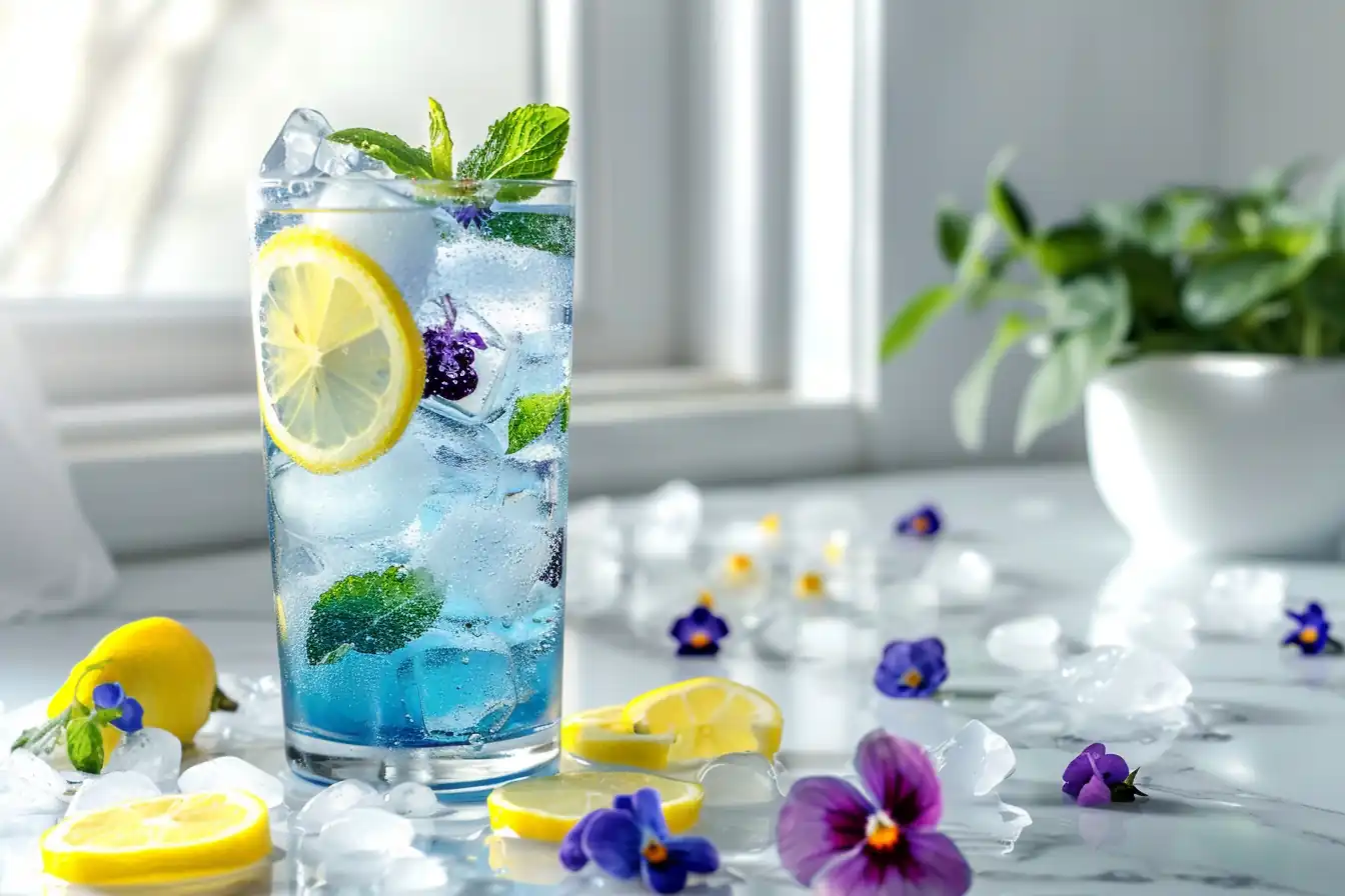 Blue salt trick recipe served in a chilled glass with lemon and mint