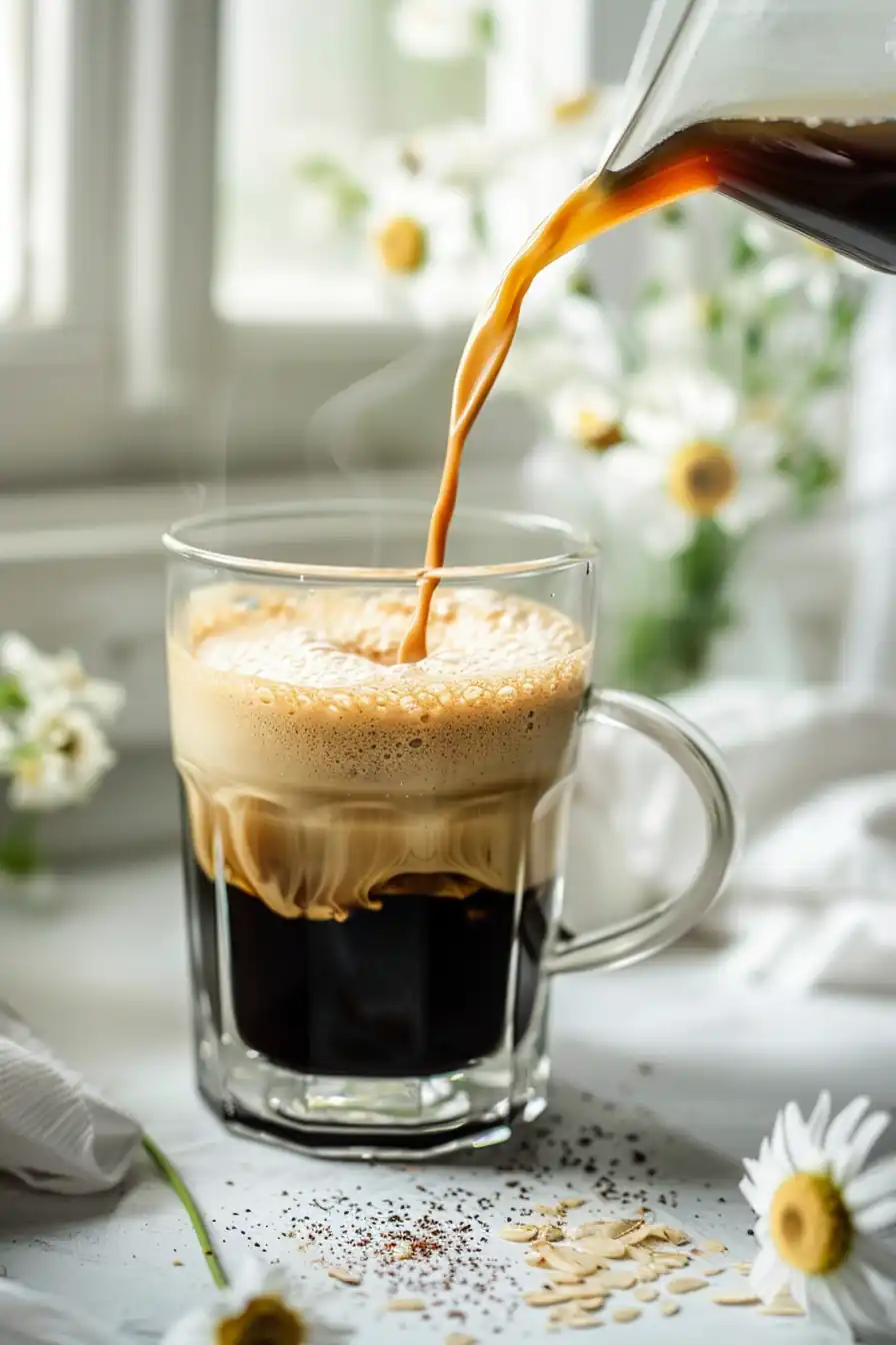 Creamy pour-over of Coffee Loophole Recipe in transparent mug styled with morning daylight