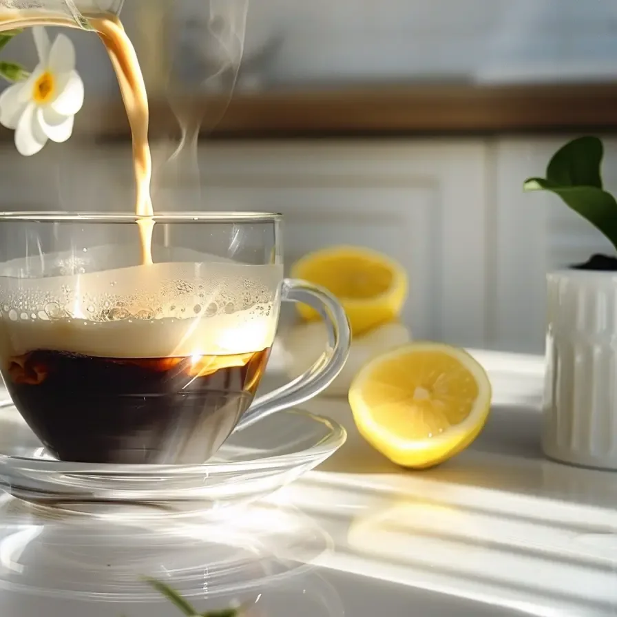 Coffee Loophole Recipe in clear mug with milk being poured in, surrounded by lemon and fresh flowers