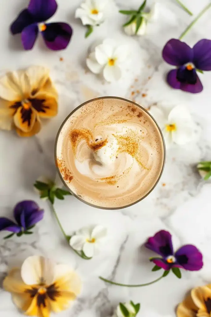 Cottage Cheese Coffee Creamer Recipe – Healthy & High-Protein Swap 9 Top view of a frothy cup of coffee made with cottage cheese coffee creamer, surrounded by pansies and violets on a bright surface.