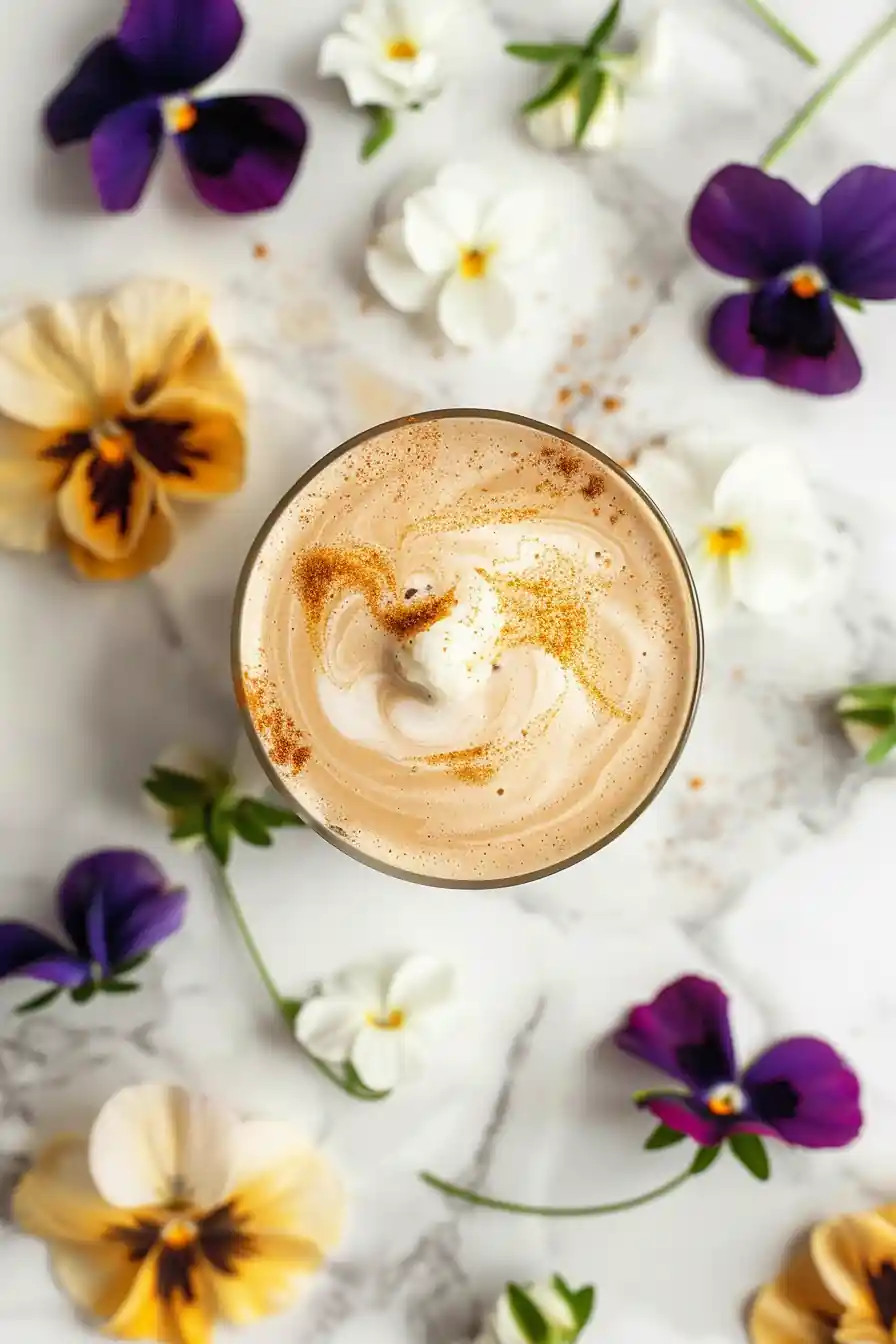 Top view of a frothy cup of coffee made with cottage cheese coffee creamer, surrounded by pansies and violets on a bright surface.