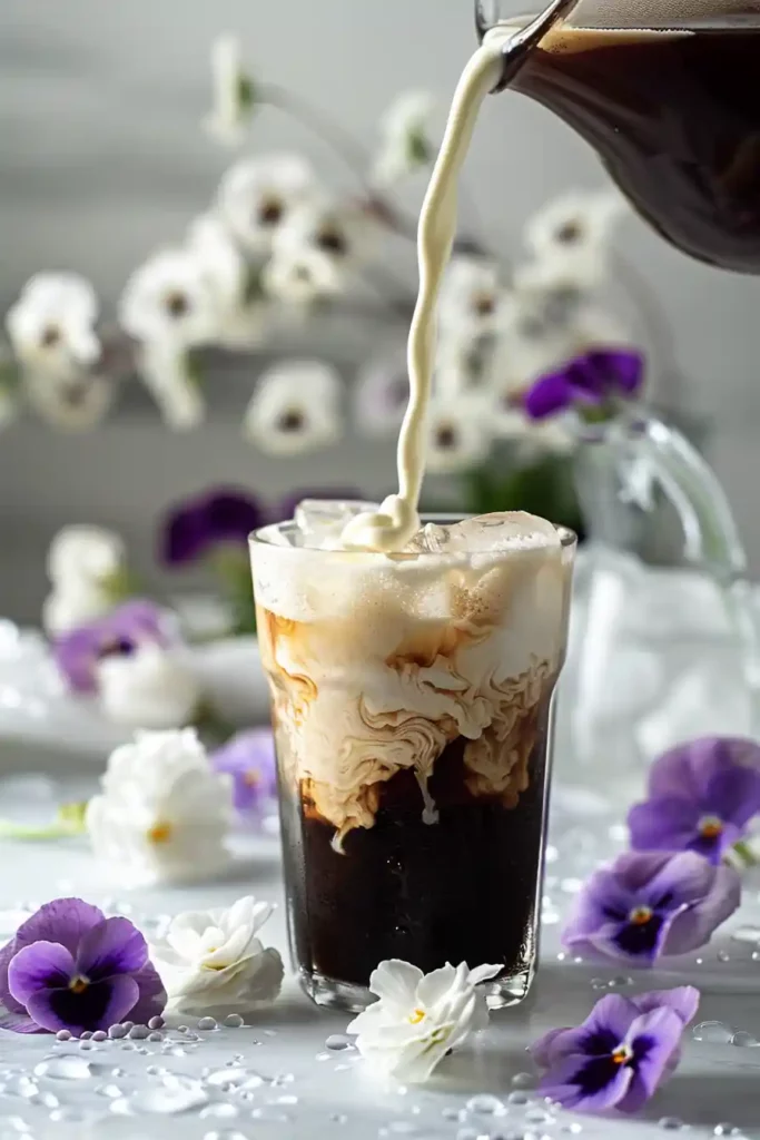 Cottage Cheese Coffee Creamer Recipe – Healthy & High-Protein Swap 10 Pouring creamy blend into iced coffee for the viral Cottage Cheese Coffee Creamer Hack