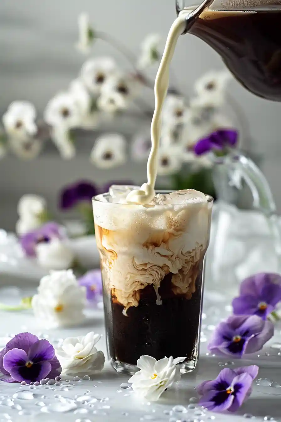 Pouring creamy blend into iced coffee for the viral Cottage Cheese Coffee Creamer Hack