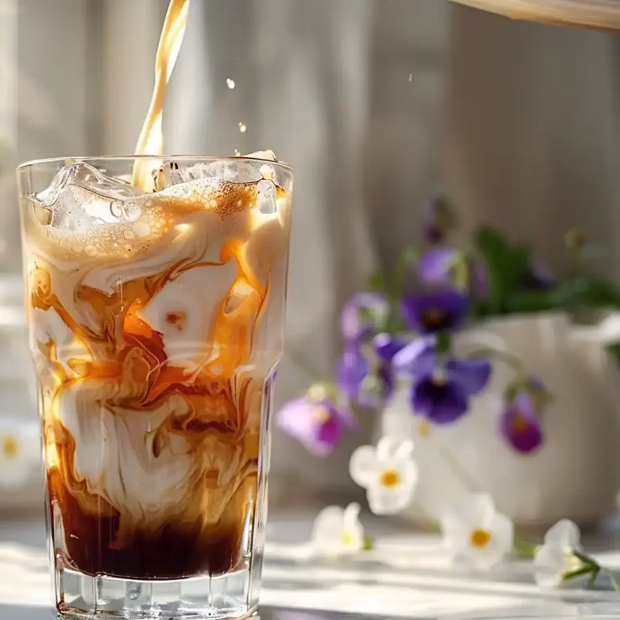 A tall glass of iced coffee swirled with homemade cottage cheese coffee creamer recipe
