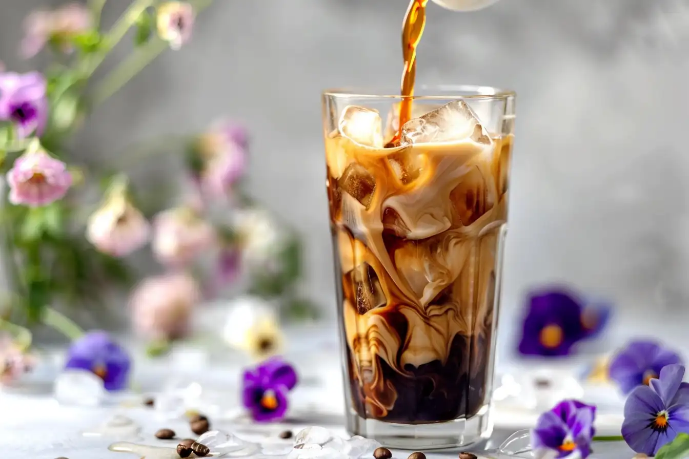 Refreshing iced coffee poured with creamy cottage cheese coffee creamer recipe