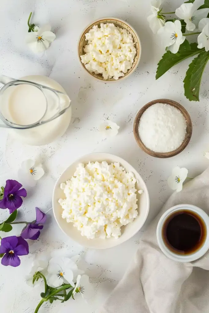 Cottage Cheese Coffee Creamer Recipe – Healthy & High-Protein Swap 7 Flat lay of ingredients for cottage cheese coffee creamer recipe, including cottage cheese