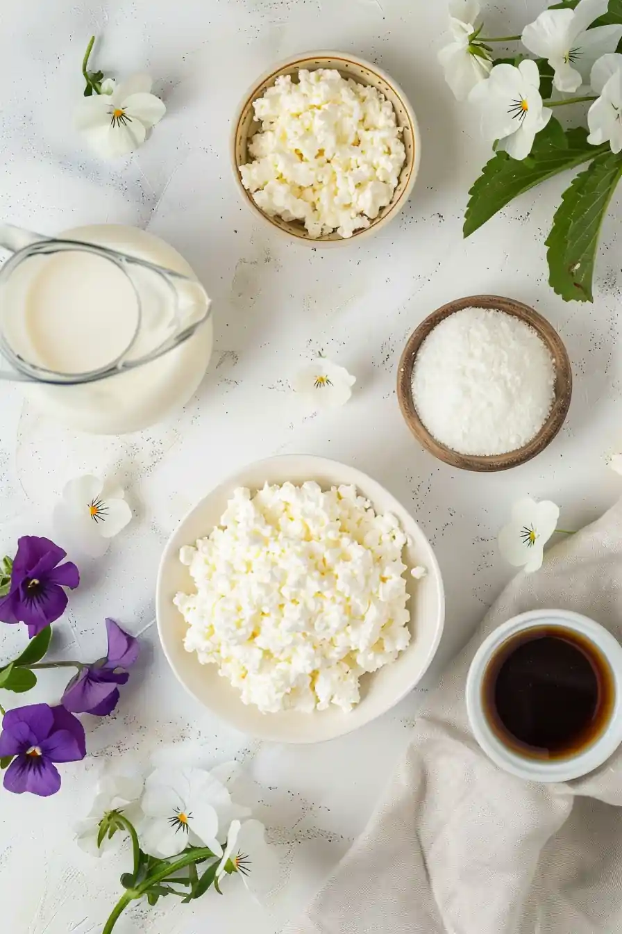 Flat lay of ingredients for cottage cheese coffee creamer recipe, including cottage cheese