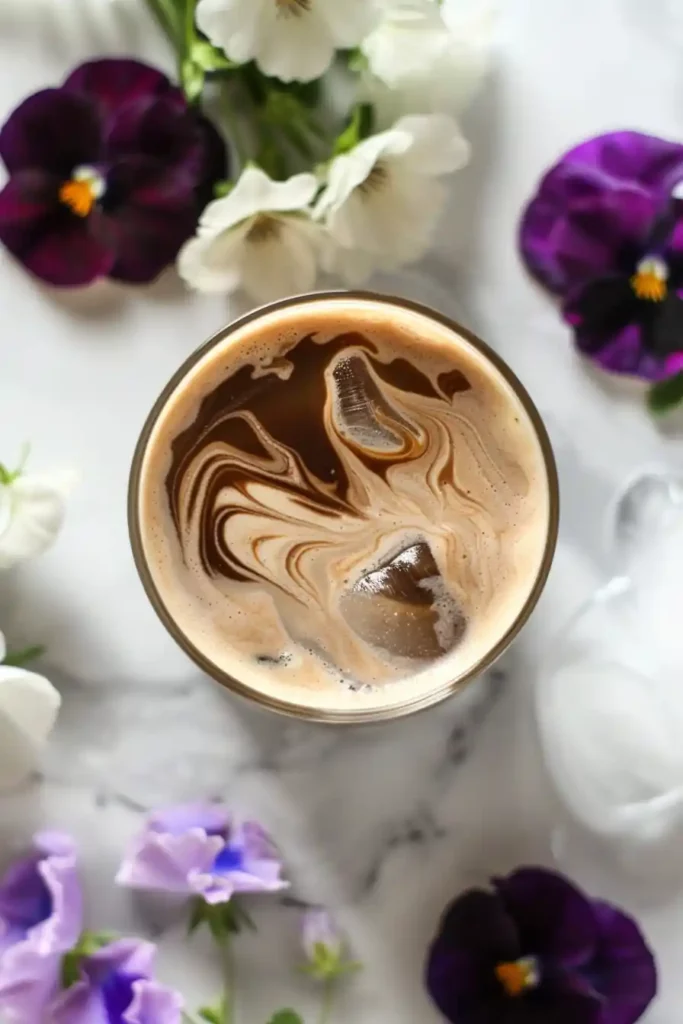 Cottage Cheese Coffee Creamer Recipe – Healthy & High-Protein Swap 8 Overhead shot of iced coffee with creamy cottage cheese coffee creamer swirling inside, decorated with edible violets and natural light styling.