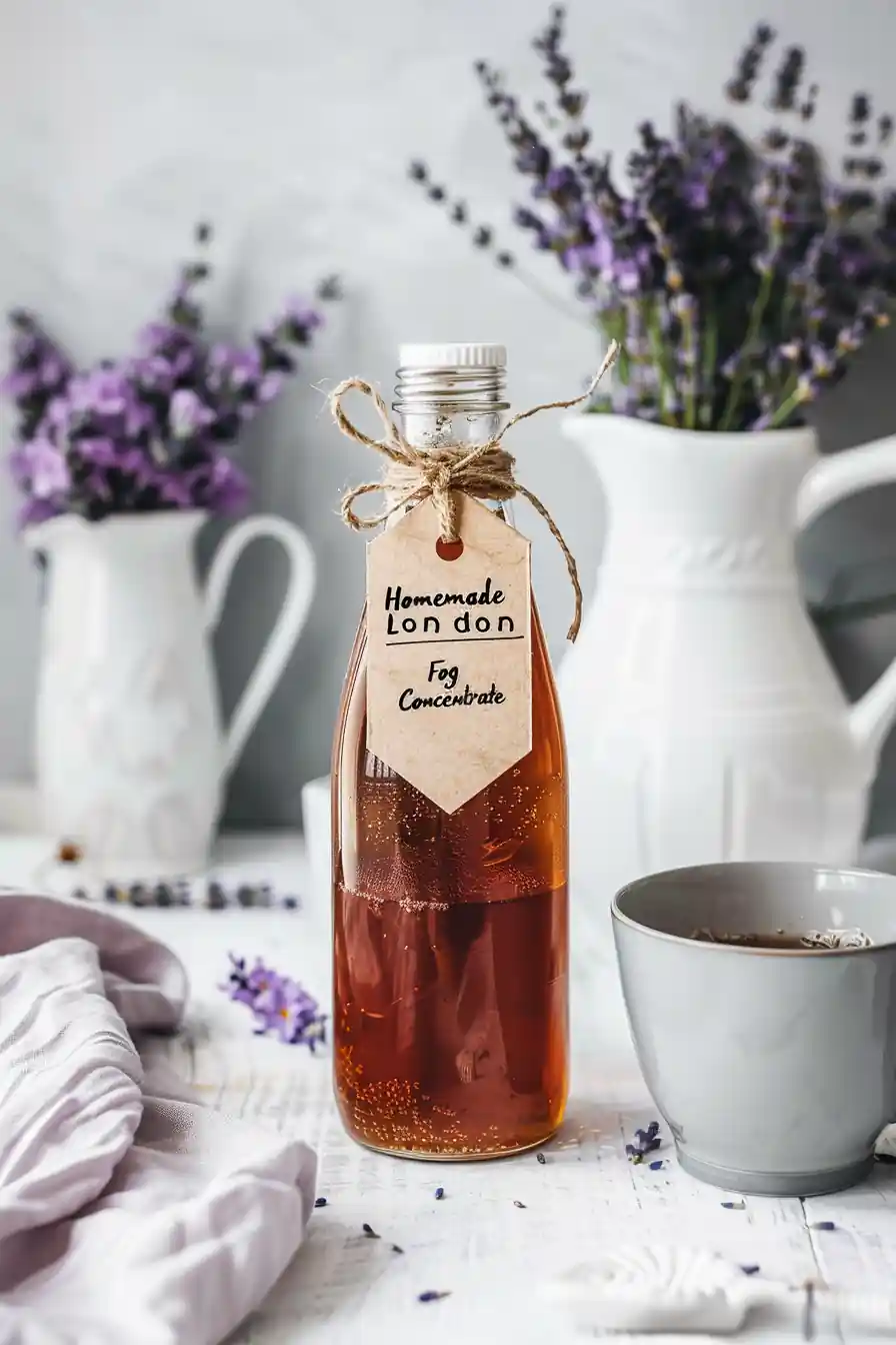 Best London Fog tea concentrate in jar next to teacup and fresh flowers