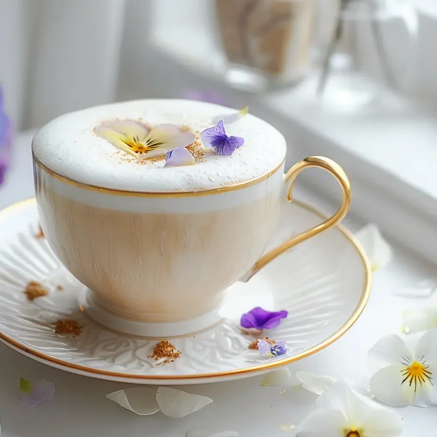 Creamy Earl Grey tea latte recipe served in a gold-rimmed teacup with flower garnish