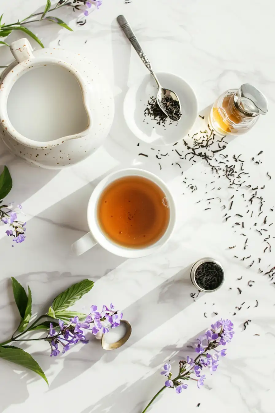 Ingredients for earl grey tea latte recipe laid out with loose tea, milk, vanilla