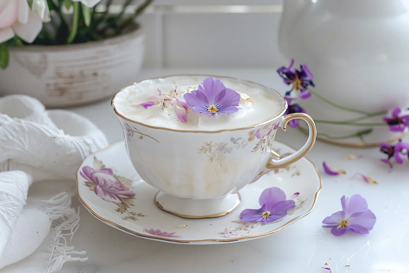 Earl Grey tea latte recipe in a delicate porcelain teacup with violet flower on top