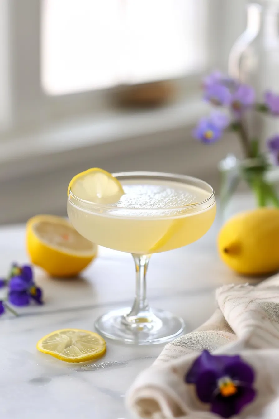 Harmonia cortisol cocktail in coupe glass with violet flower and lemon slice