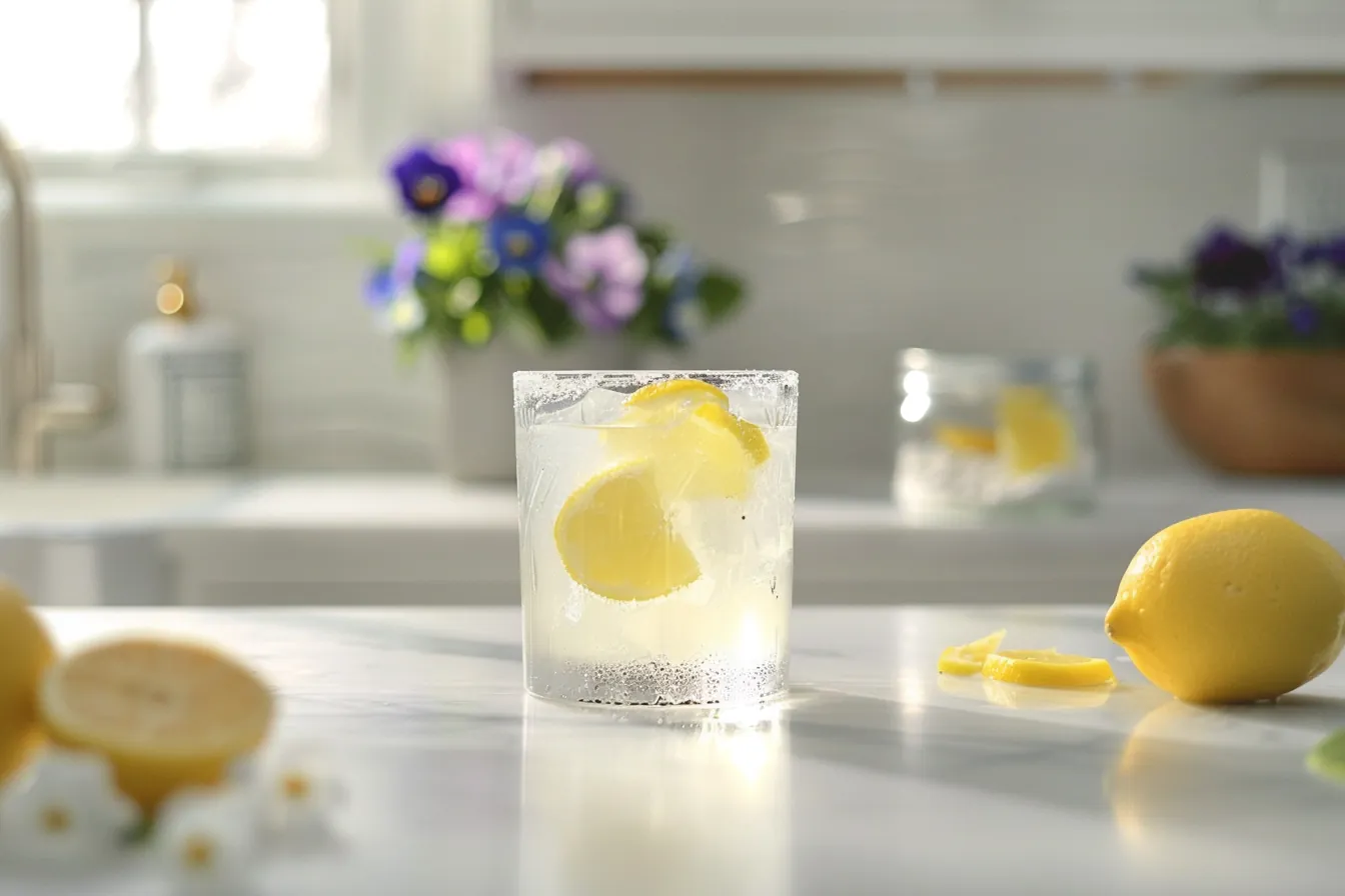 Harmonia cortisol cocktail recipe with lemon in a clear glass on white counter