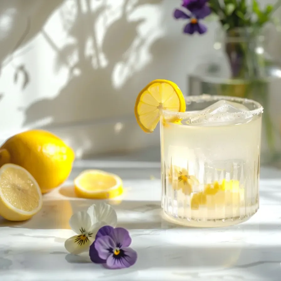 Harmonia cortisol cocktail recipe with fresh lemon and flowers in sunny kitchen