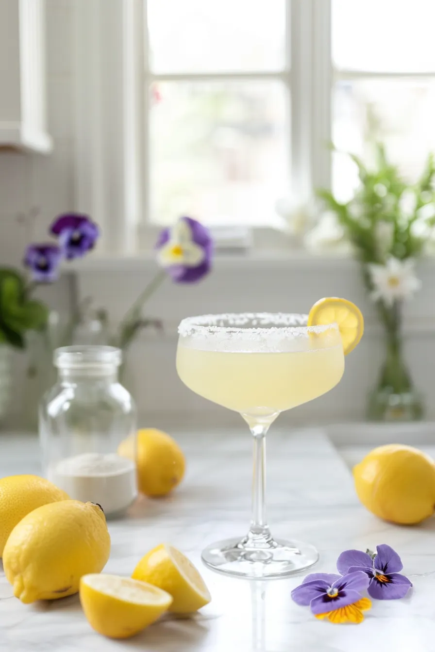 Harmonia cortisol cocktail in a tall glass with lemon slice and violet garnish