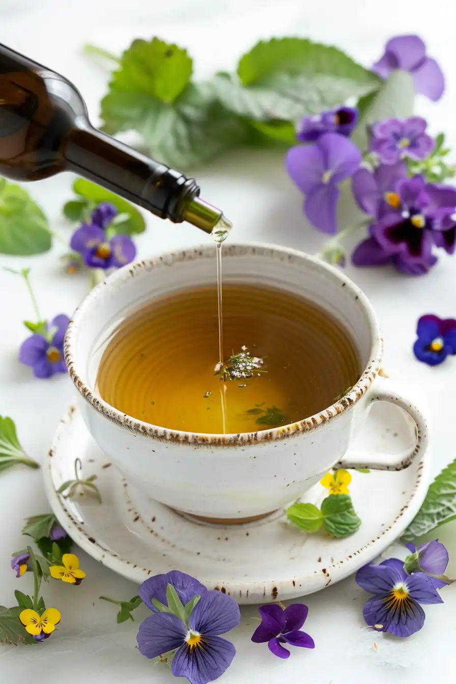 Step showing how to make lemon balm tincture by adding it to tea in a white cup surrounded by violets and pansies.