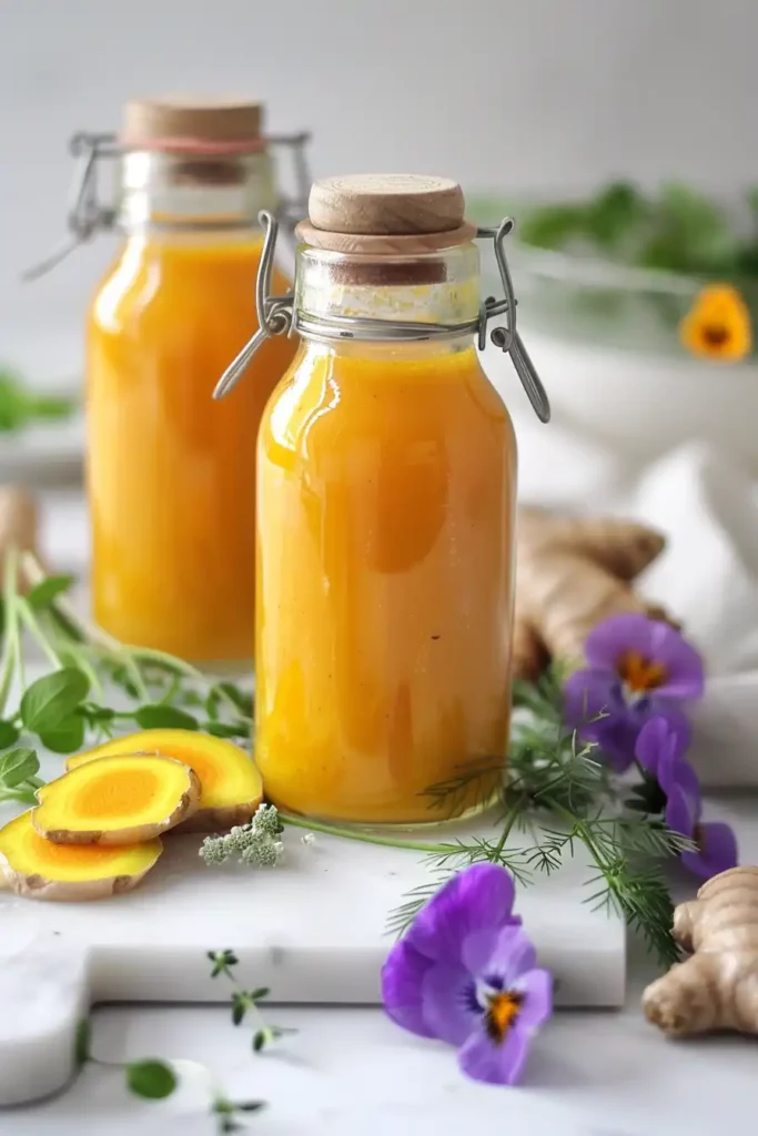 Natural Antibiotic Recipe: Easy, Potent & Backed by Science 8 Immune booster tonic in swing-top bottles surrounded by violets, lemon slices, and ginger