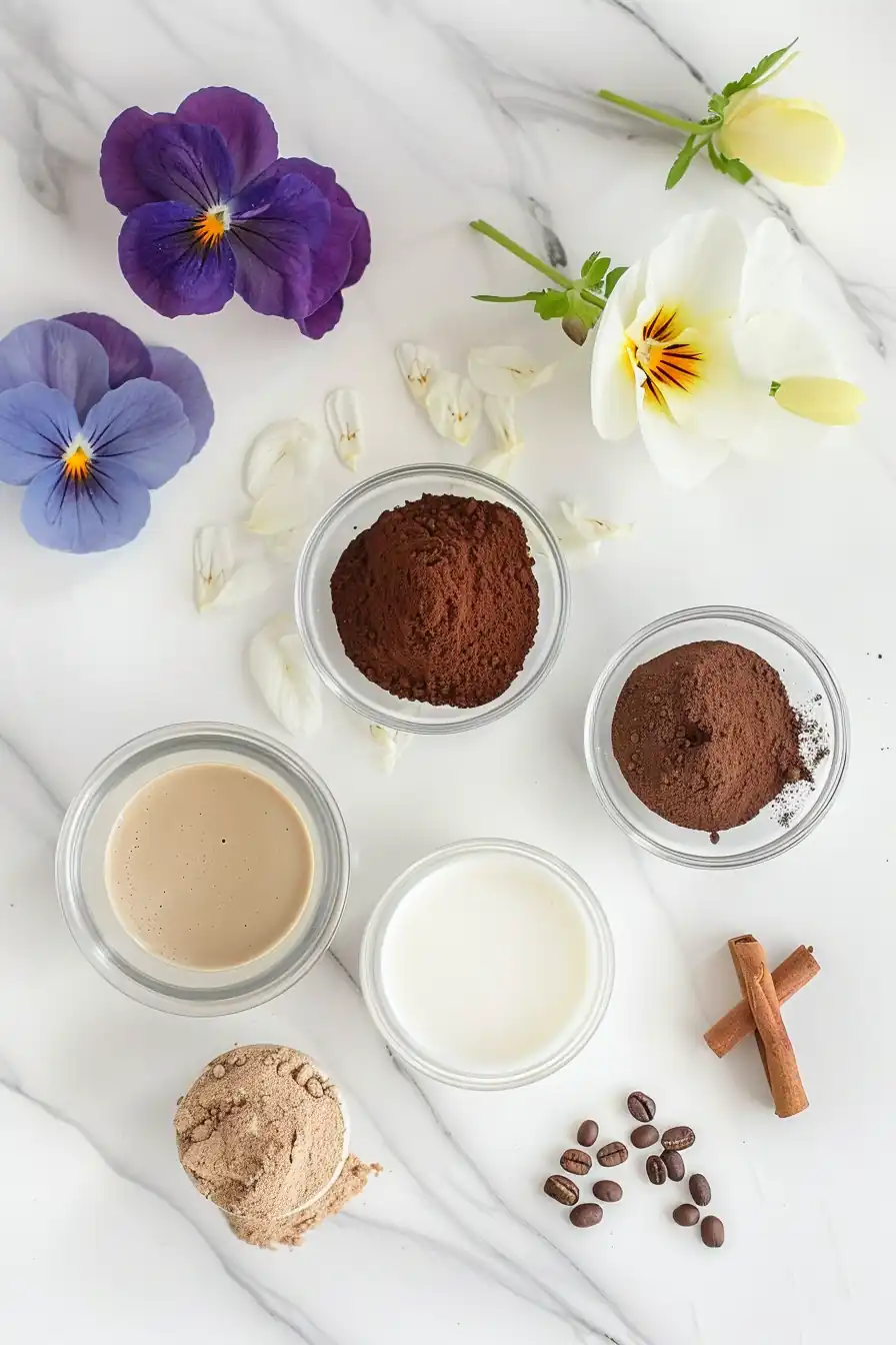 Flat lay of ingredients for weight loss coffee hack recipe including cinnamon, collagen, and MCT oil