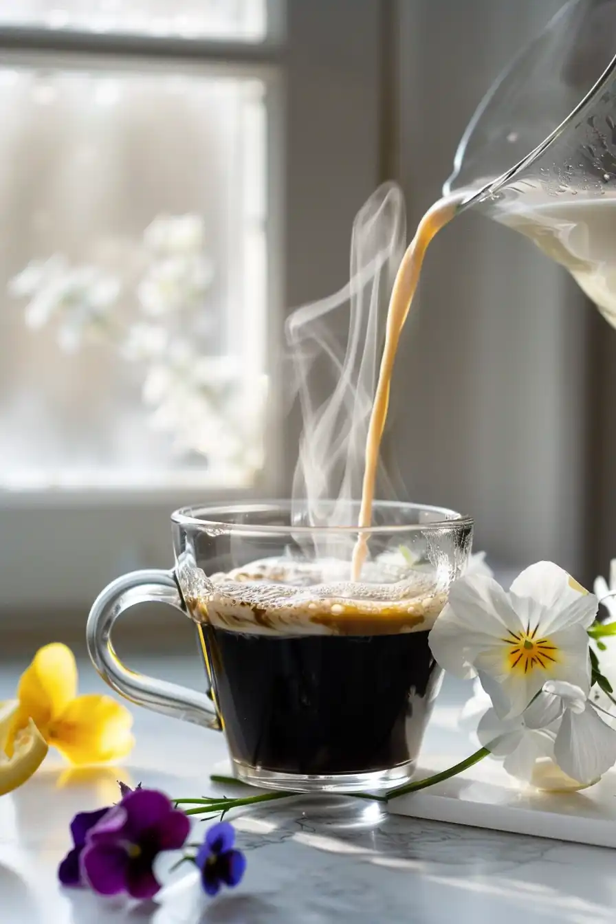 Jennifer Aniston coffee loophole recipe being poured into a glass mug