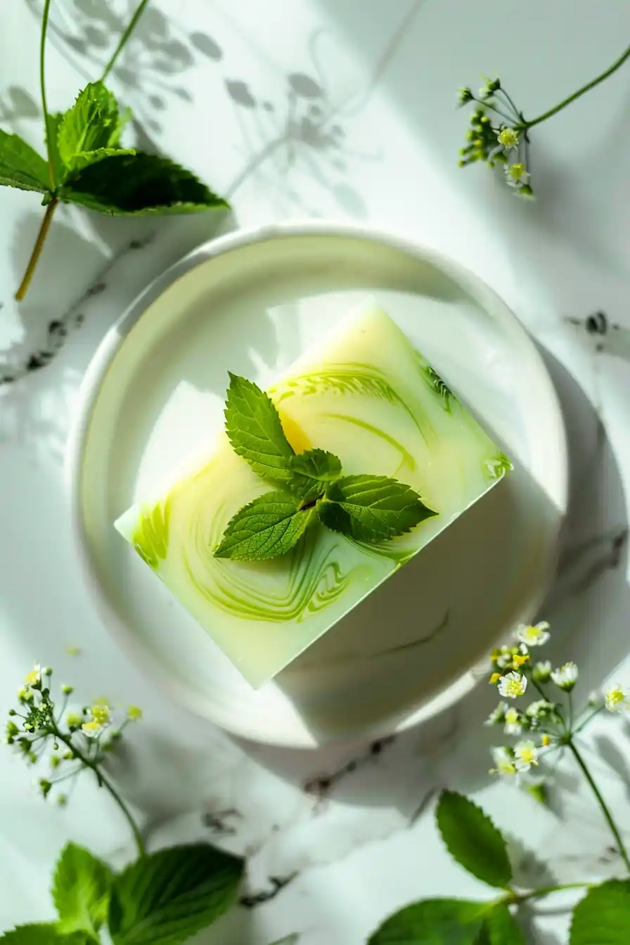 Melt and pour lemon balm soap in a ceramic dish with mint and flowers