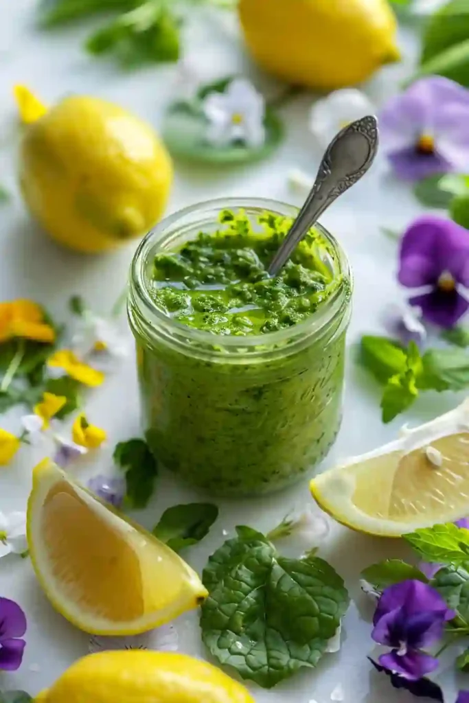 Lemon Balm Recipe Guide: Easy, Healthy, and Powerful Ways to Use This Healing Herb 7 Vibrant lemon balm pesto recipe in a jar surrounded by lemon wedges and flowers.
