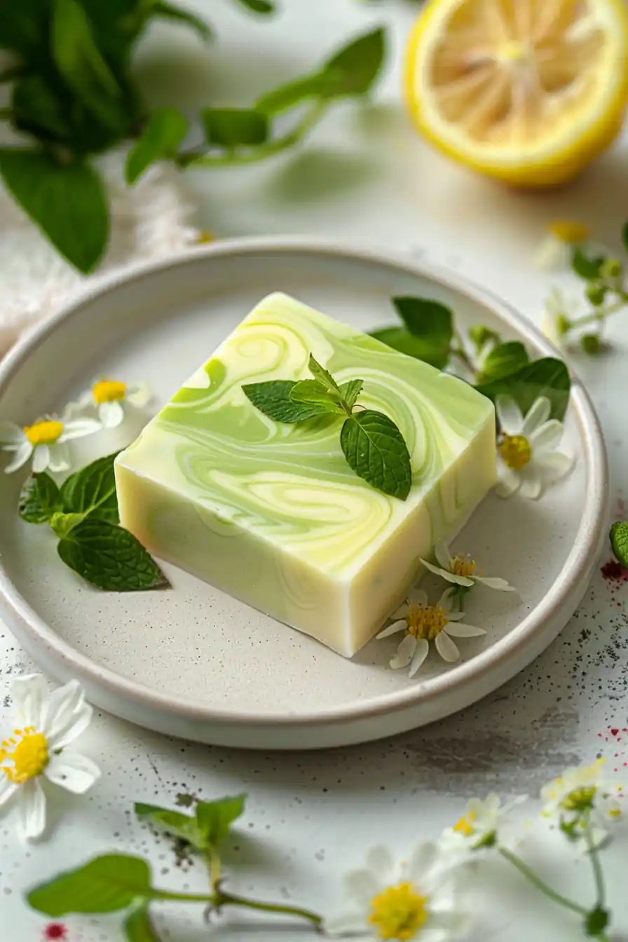 Single lemon balm soap bar on a plate with flowers and lemon slices