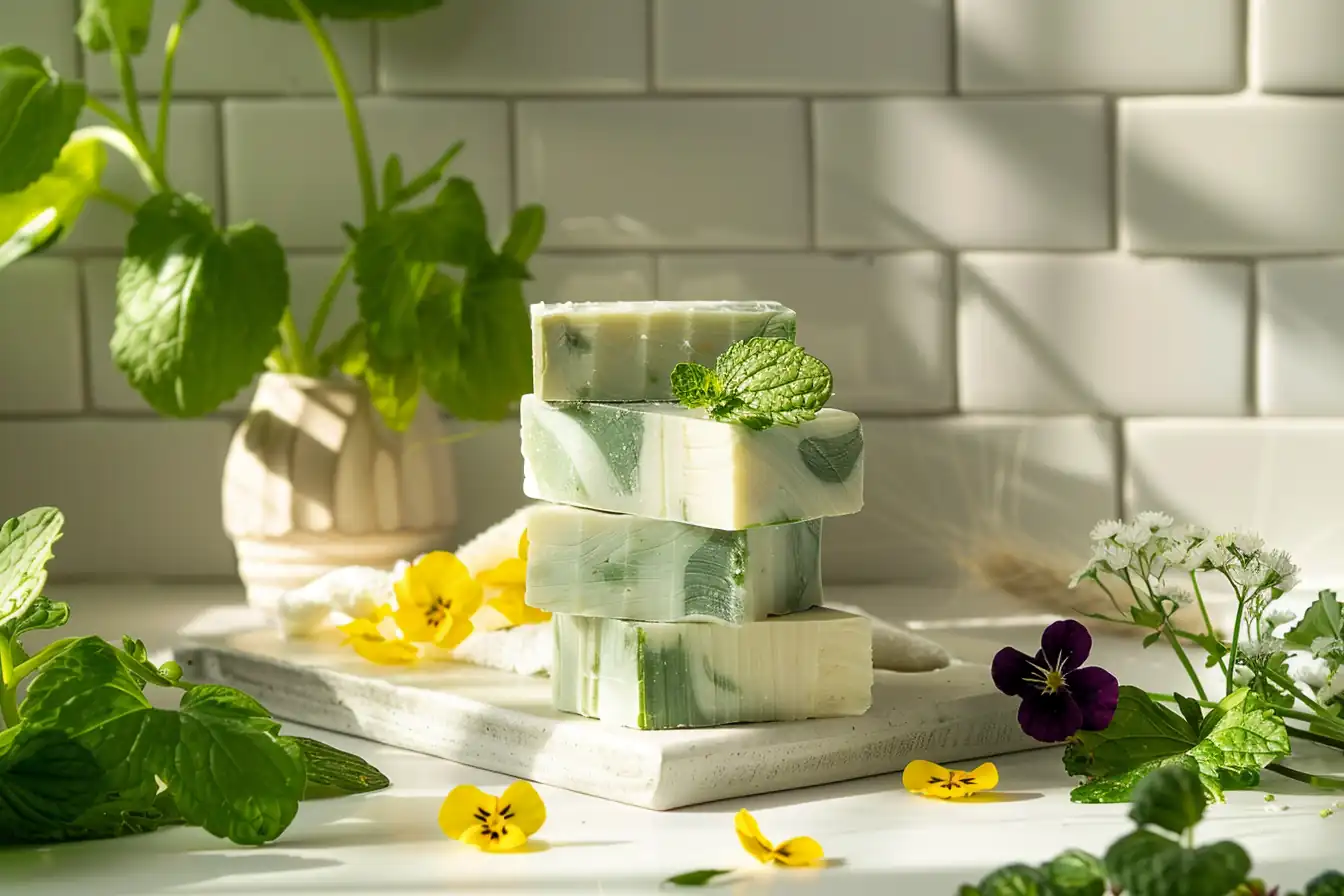 Stack of handmade lemon balm soap bars styled with mint and edible flowers
