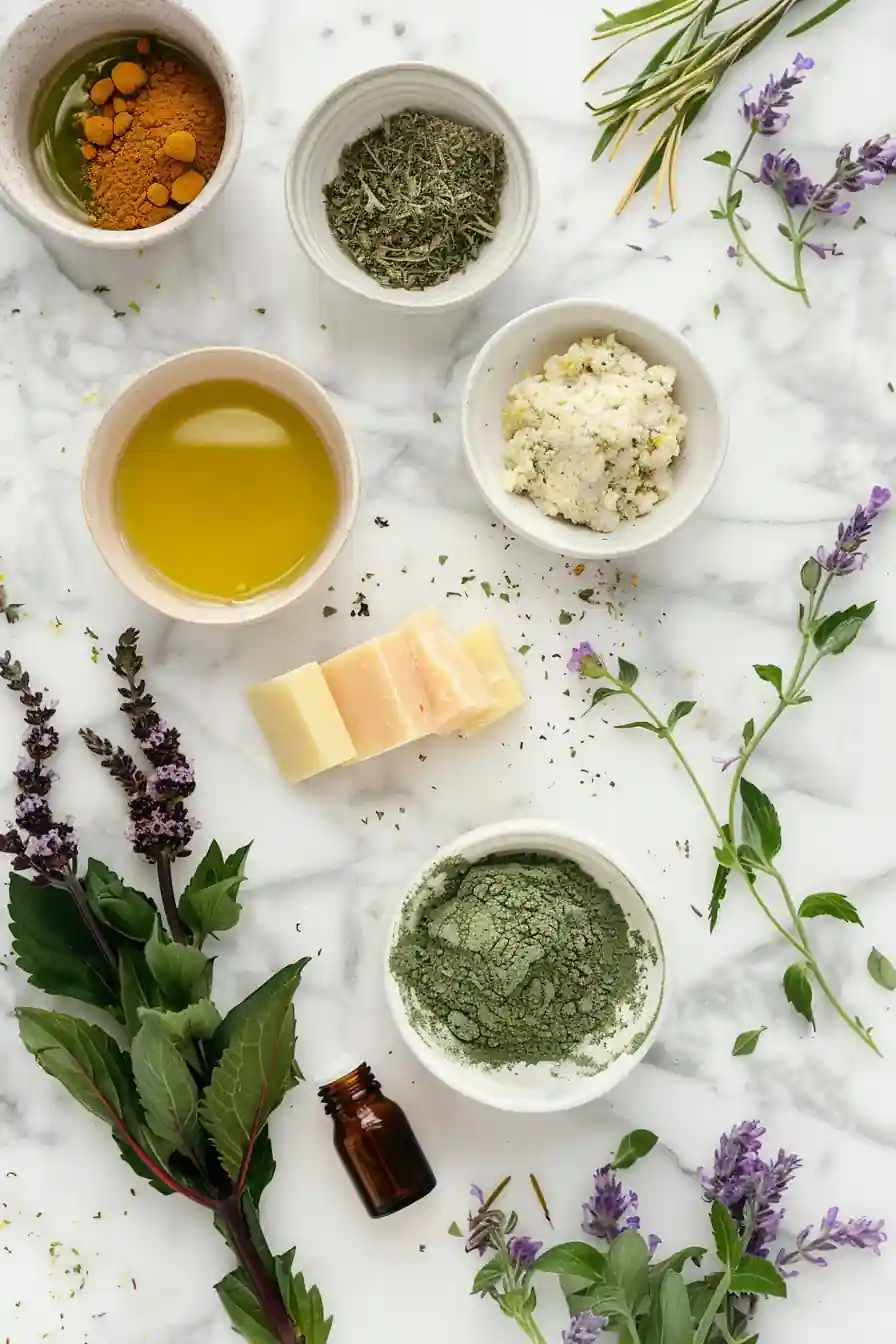 Ingredients for lemon balm soap laid out with herbs and natural oils