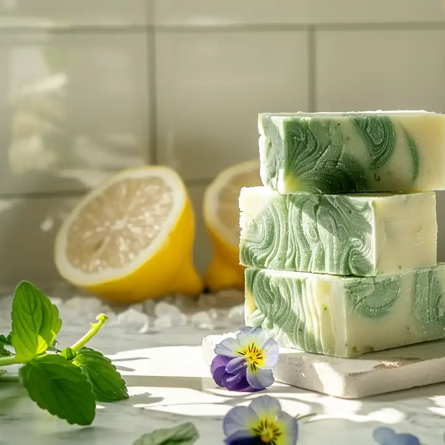 Lemon balm cold process soap bars stacked beside lemons and herbs