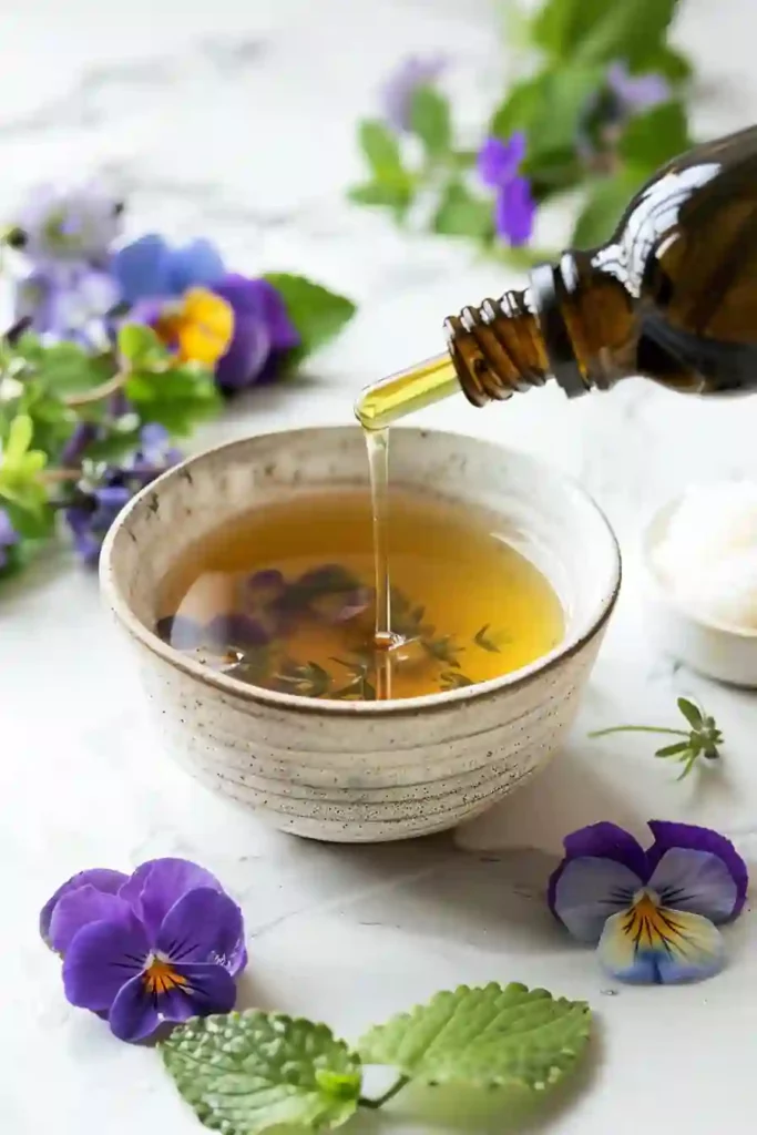 Lemon Balm Recipe Guide: Easy, Healthy, and Powerful Ways to Use This Healing Herb 8 Herbal lemon balm tincture recipe with dropper and violet flowers on marble.