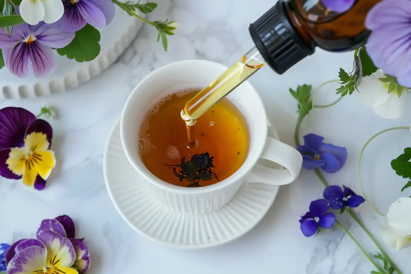 Lemon balm tincture recipe poured from a dropper bottle into a steaming cup of tea with violets and pansies.