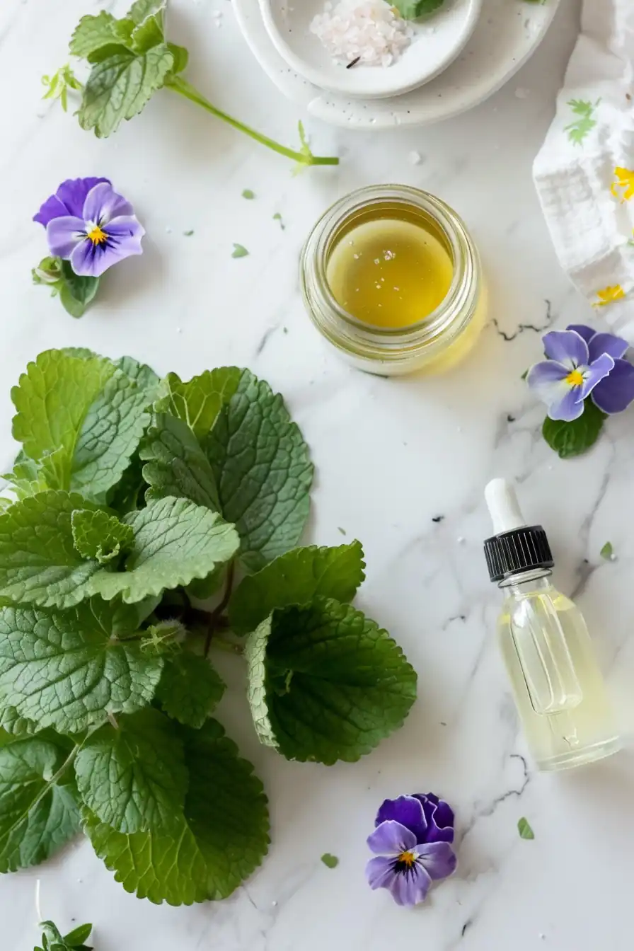 Flat lay of lemon balm tincture recipe ingredients including fresh leaves, vegetable glycerin, and violets on a white background.
