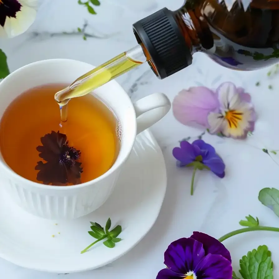 Freshly made lemon balm tincture recipe being poured into a white teacup surrounded by violets and pansies on a bright marble surface.