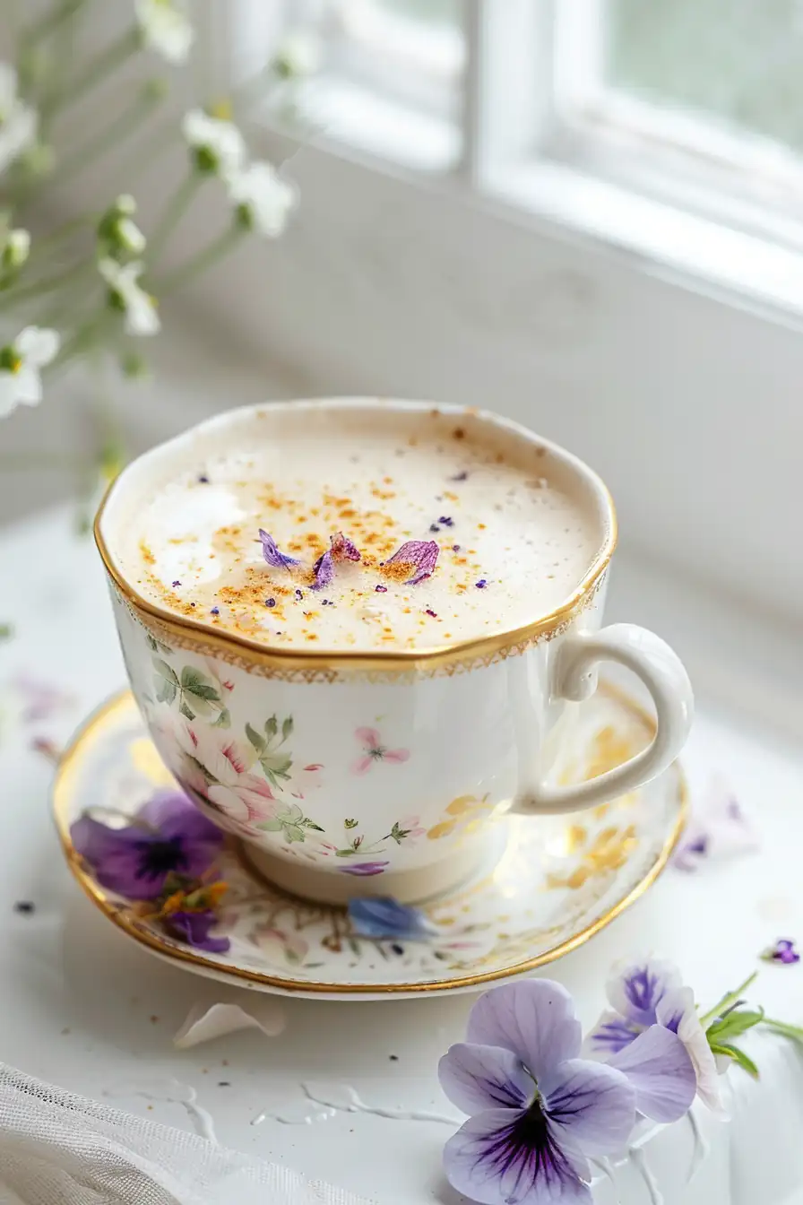 London Fog Earl Grey tea latte recipe served in vintage floral teacup with milk foam and petals