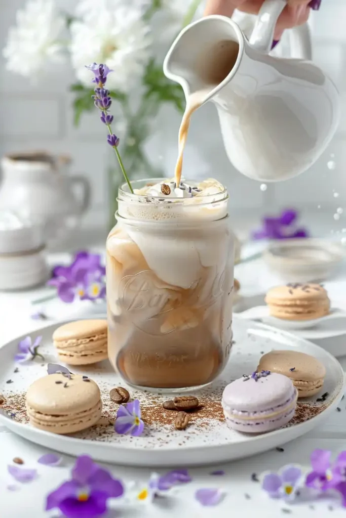 Iced London Fog Latte Recipe That’s Creamy, Floral & Easy to Make 9 London Fog recipe in mason jar with honey, lavender, and macarons