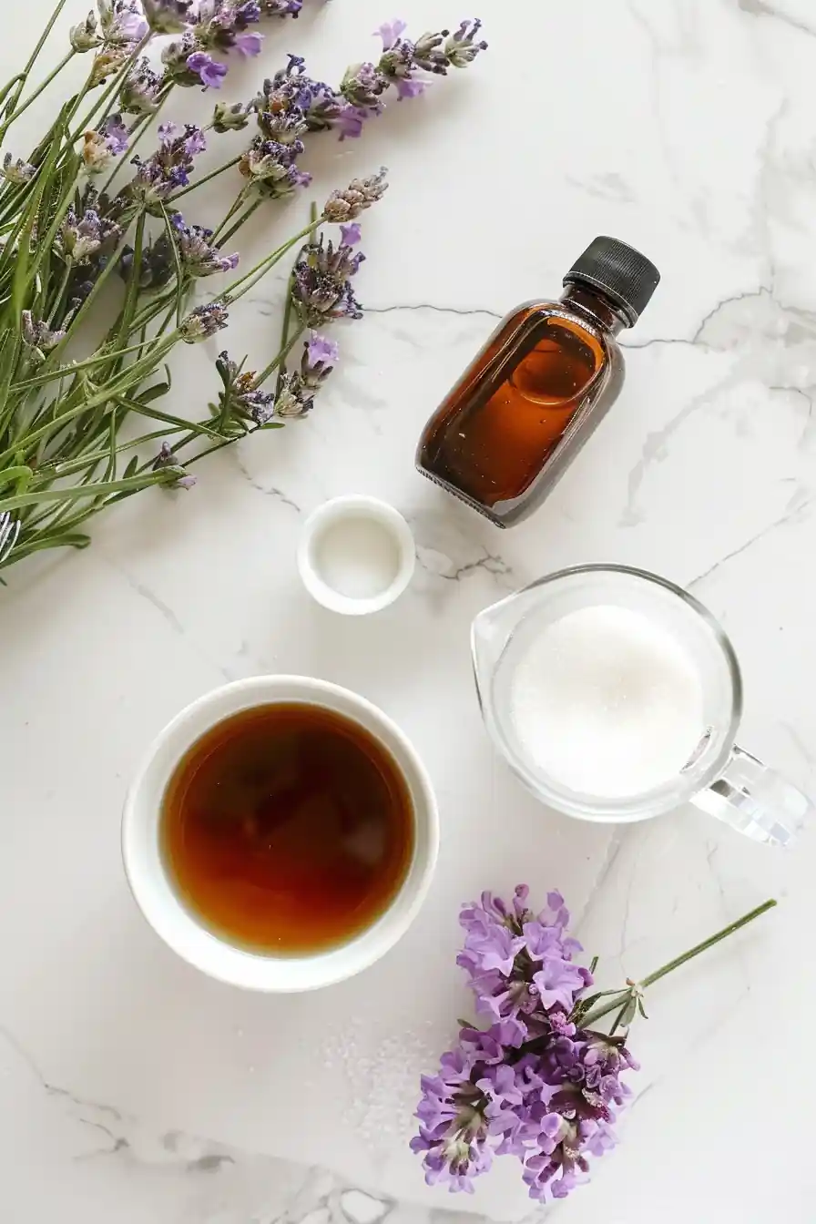 Earl Grey tea, vanilla, milk, and sugar flat lay for London Fog tea concentrate recipe