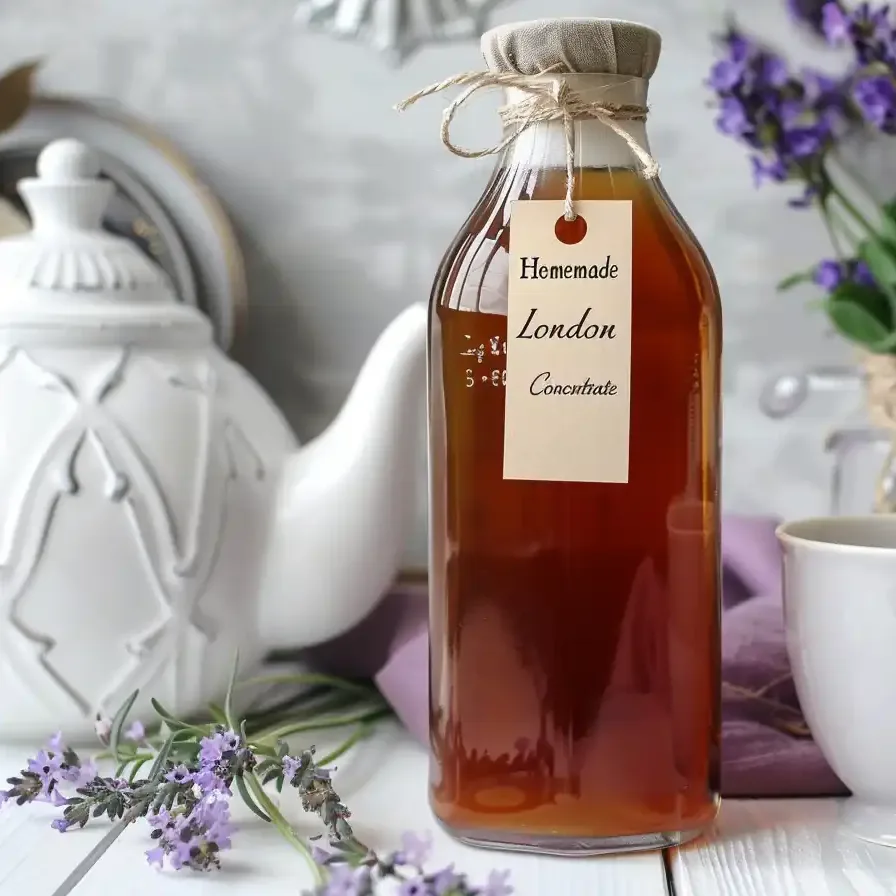 Homemade London Fog tea concentrate in glass bottle with mug and lavender