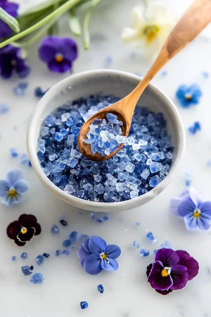 Persian Blue Salt: Benefits, Uses, and the Viral Trick You Need to Try 1 Persian blue salt in white bowl with spoon and edible flowers