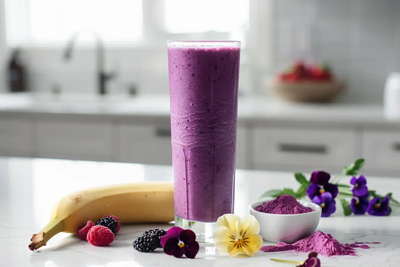 Purple peel weight loss smoothie on white kitchen counter with banana and berries