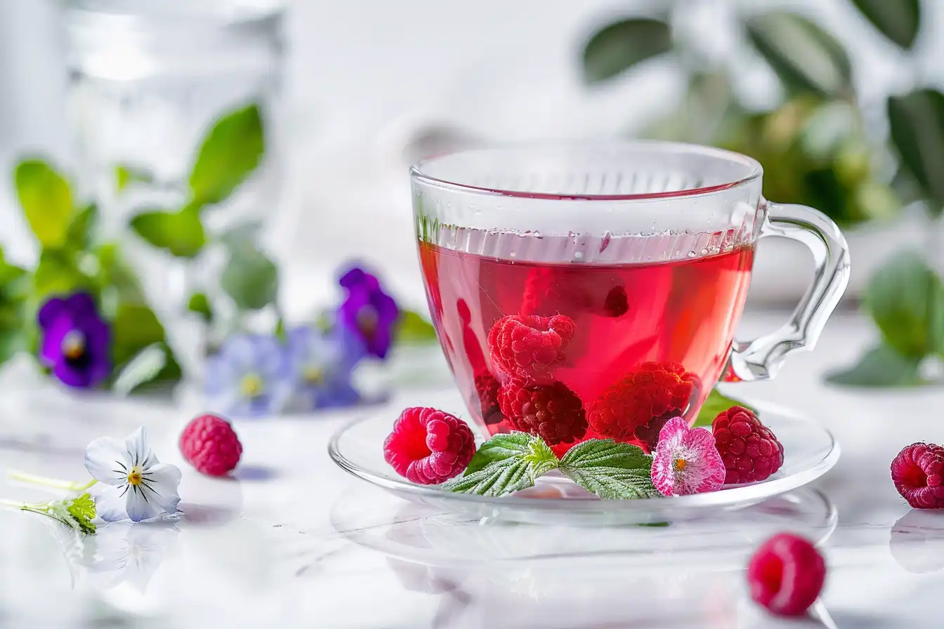 Red clover and raspberry leaf tea in a glass teacup with fresh raspberries and flowers