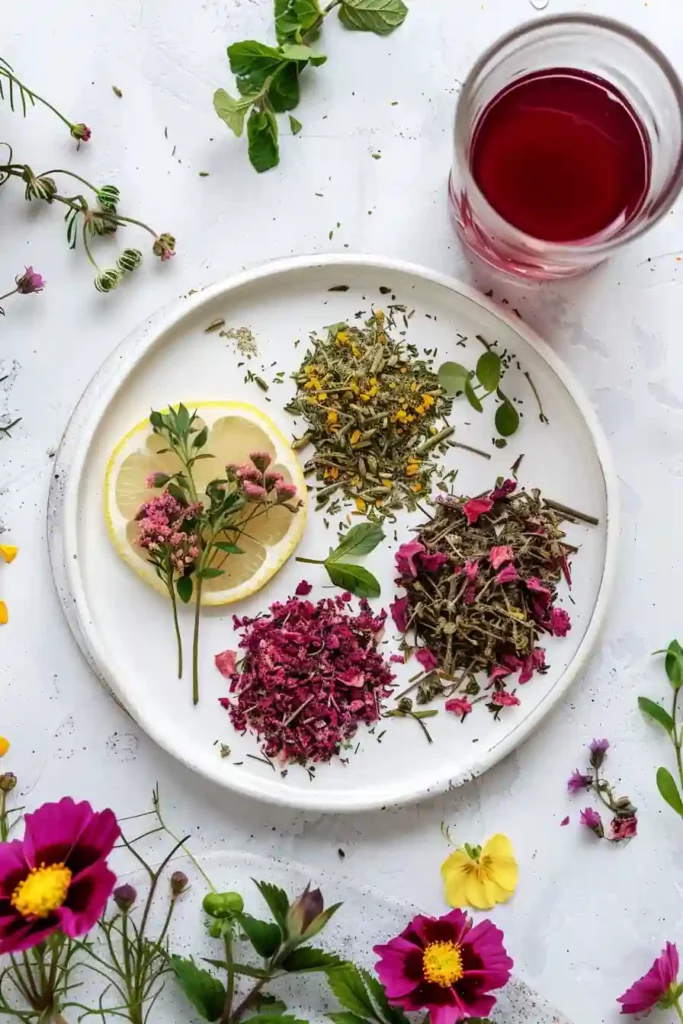 Red Clover and Raspberry Leaf Tea: Benefits, Recipe & Women's Wellness Guide 6 Red clover and raspberry leaf tea recipe ingredients with lemon and herbs
