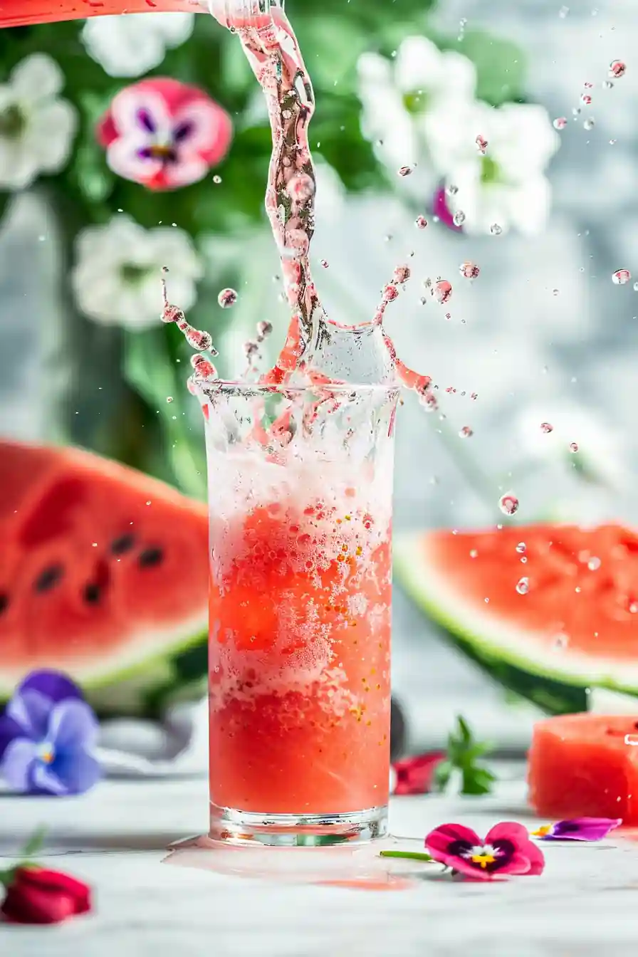 A tall glass of watermelon rind juice for men being poured, surrounded by watermelon slices and flowers.