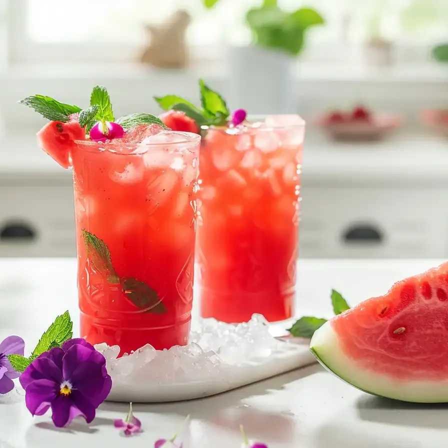Two glasses of watermelon rind juice recipe with ice, mint garnish, and fresh violets in an all-white kitchen.