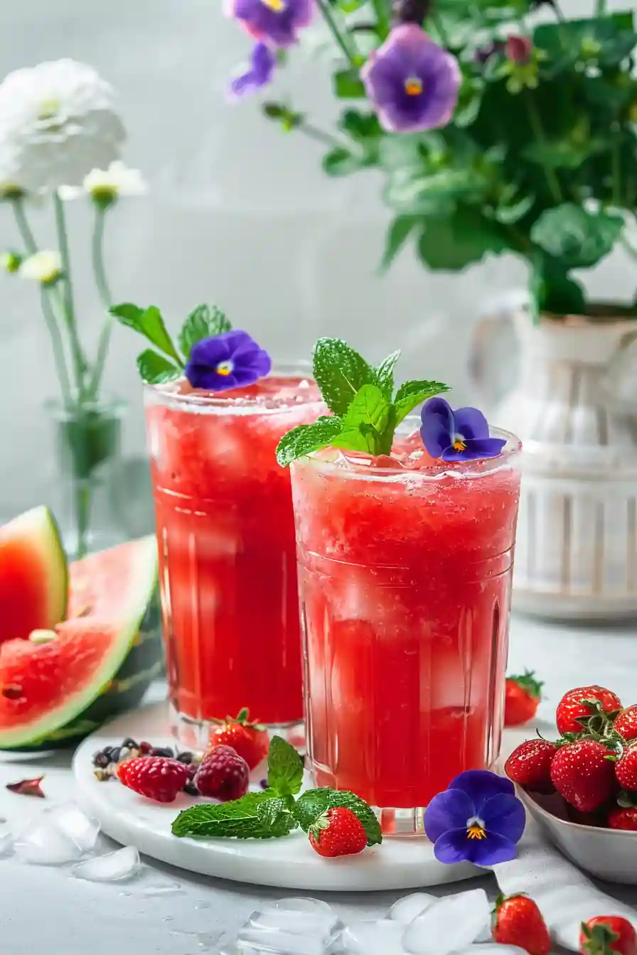 Two glasses of watermelon rind juice recipe for weight loss with mint and violet garnish.