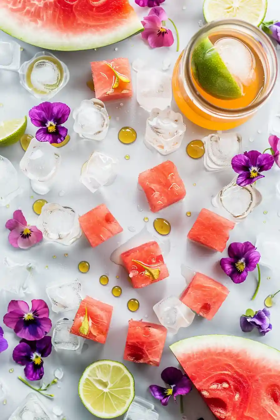 Ingredients for watermelon rind juice recipe with chopped rind cubes, lime, honey, and decorative violets.