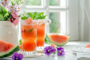 Watermelon rind juice recipe in tall glasses with watermelon slices and violet flowers on a white kitchen counter.